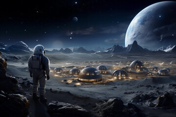 astronaut on the moon lunar base illuminated building night stars in the sky mountains on the horizo