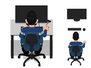 Wall Mural - Isometric view of worker with PC on white background