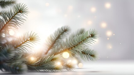 Poster - Christmas background with fir branches and bokeh lights.