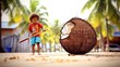 Cartoon little boy sit and drink coconut cocktail