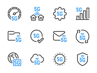 Wall Mural - 5G Communication Technology vector line icons. High Speed Wireless Network outline icon set.