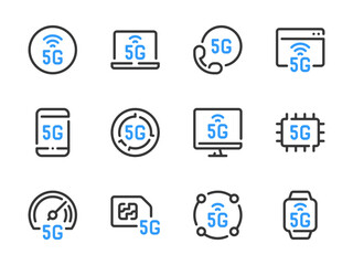 Wall Mural - 5G Communication Technology vector line icons. High Speed Wireless Network outline icon set.