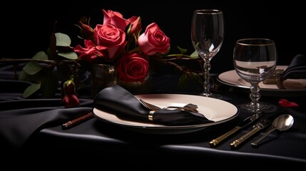 Stylish and luxury table setting on black background, copy space, 16:9