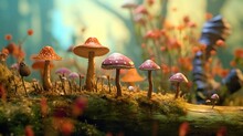 Fairytale Village In Forest. Fantasy City With Mushroom Houses On Meadow With Flowers, Wood And Grass.