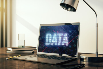 Wall Mural - creative data word hologram on modern laptop monitor, big data and blockchain concept. 3d rendering