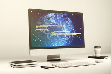 Wall Mural - computer monitor with abstract creative programming illustration and world map, big data and blockch