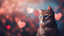 Cute Cat On Heart Shape Bokeh Background