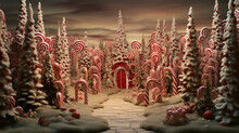 Red And Green Candy Cane Forest With Elves