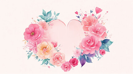 Wall Mural - Template with watercolor flowers and heart. Decor for Valentine's Day. AI 