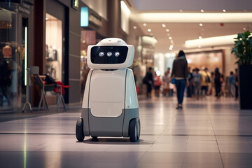 Little cute service android robot with wheels, smart technology retail business concept, at a crowded shopping mall center. Generative AI.