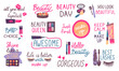 © MicroOne - Beauty makeup lettering elements with cosmetics and tools. Female beauty motivational phrases, typography collection. Fashion stickers neoteric vector set