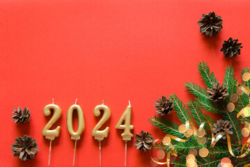 Wall Mural - happy new year frame. christmas card banner with christmas tree branches and pine cones, gold candle