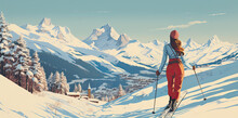 Vintage Postcard Style Woman On The Ski Slopes With Snowy Mountain Vista Banner 