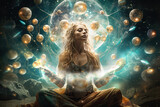 Fototapeta Koty - Woman manifesting abundance and wealth with swirling energy and golden orbs surrounding her