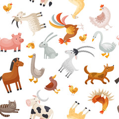 Canvas Print - Farm animals pattern. domestic animals geese ducks cows pigs. Vector seamless background