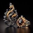 Beautiful elegant ring and necklace in the shape of a dragon with precious stones, rubies, sapphires, emeralds, gold and platinum  generated by artificial intelligence