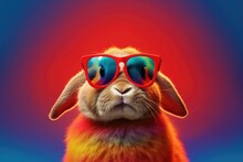 Bunny With Sunglasses On Red Background , Generative Ai