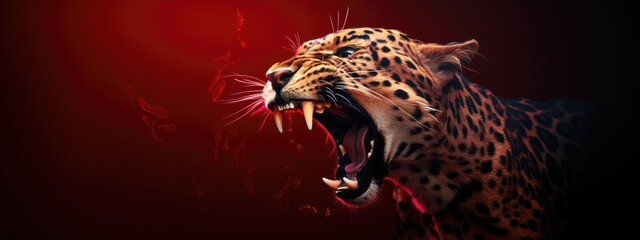 Wall Mural - Roaring leopard on black background with neon pink light. Angry big cat, aggressive jaguar attacking. Animal for poster, print, card, banner