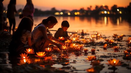 Wall Mural - Beautiful Thai woman in Thai dress on a wooden background and holding a Krathong. To float in the lake on Loy Krathong Day. Generate AI