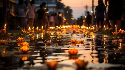 Wall Mural - Beautiful Thai woman in Thai dress on a wooden background and holding a Krathong. To float in the lake on Loy Krathong Day. Generate AI