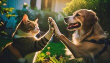 Cute Dog And Cat Giving A High-five