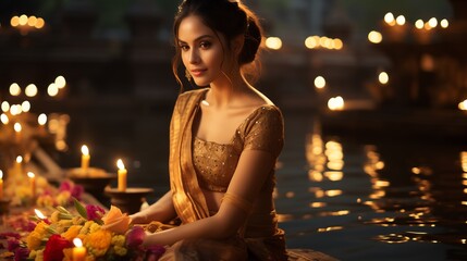 Wall Mural - Beautiful Thai woman in Thai dress on a wooden background and holding a Krathong. To float in the lake on Loy Krathong Day. Generate AI