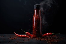 Chilly Sauce Or Ketchup In Glass Bottle With Red Hot Chili Peppers On Black Background With Smoke. Mexican Paprika Spice. Mockup For Logo Or Design