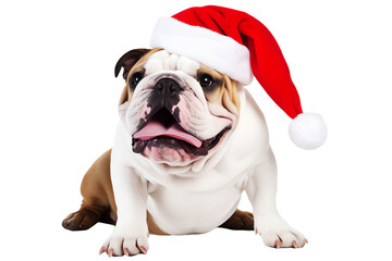 Poster - bulldog with red santa hat excited for christmas isolated on transparent background