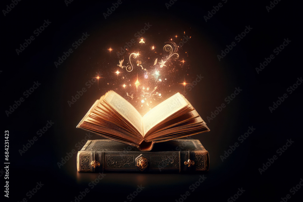 picture image of magical open book with spell for dark magic black background. ai generative