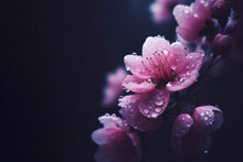 Pink Flower Of Peach Or Plum With Water Drops. Ai Generative