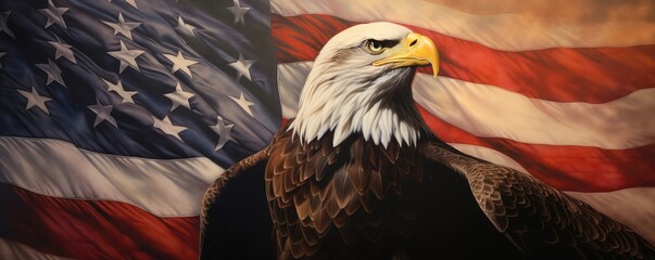 Wall Mural - Eagle with American flag flies in freedom. North bald eagle - symbol of america. United States of America patriotic symbols. Memorial Day. Remember and honor