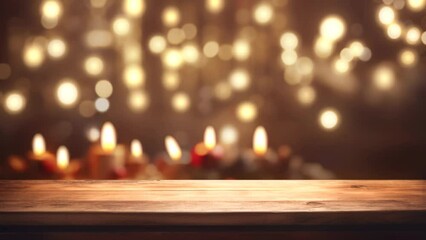Sticker - empty wooden desk in the foreground, christmas candles and lights in the background, 4k seamless loo