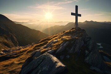 Wall Mural - Wooden cross on the top of the mountain with clouds on the background