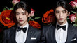 © anmitsu - Portfolio of a beautiful smiling handsome Asian man in a suit and tie holding a bouquet of red roses