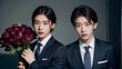© anmitsu - Portfolio of a beautiful smiling handsome Asian man in a suit and tie holding a bouquet of red roses