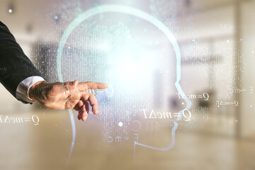 Wall Mural - man hand clicks on abstract virtual artificial intelligence concept with human head sketch on blurre