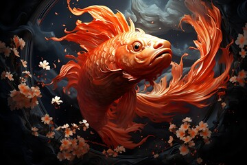 bloom beneath waves: an orange fish in floral harmony