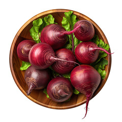 Wall Mural - top view of beetroots vegetable in a wooden bowl isolated on a white transparent background 