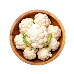 Wall Mural - top view of cauliflower vegetable in a wooden bowl isolated on a white transparent background 