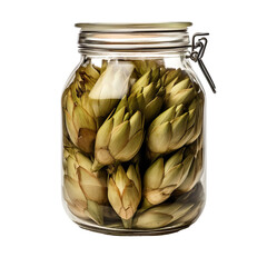 Wall Mural - Front view of cut artichokes vegetable in a jar isolated on a white transparent background