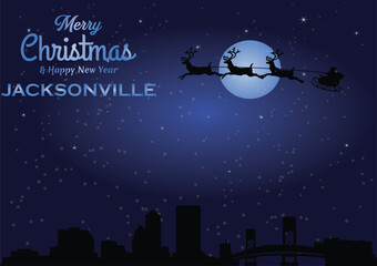 Wall Mural - Christmas and New year dark blue greeting card with Santa Claus silhouette and black panorama of the city of Jacksonville, Florida - US State