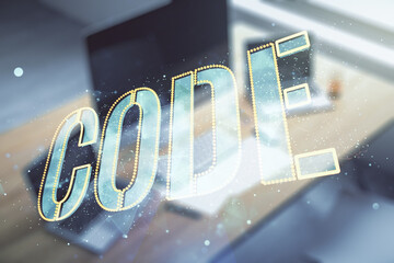 Wall Mural - creative code word sign and modern desktop with pc on background, international software development