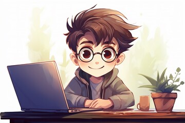 a boy with laptop on the desk