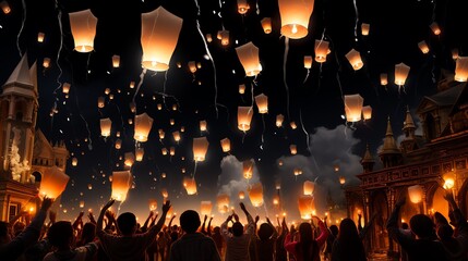 Wall Mural - People celebrate New Year's Eve with lanterns. Generate AI