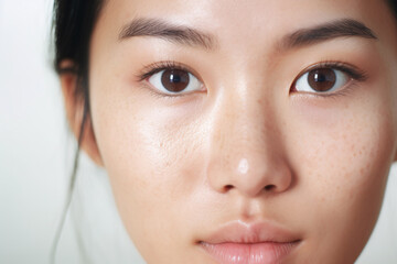 An Asian female with troubled skin, freckles, and half of her visage in close-up is gazing into the lens against a white banner background with ample copy room.