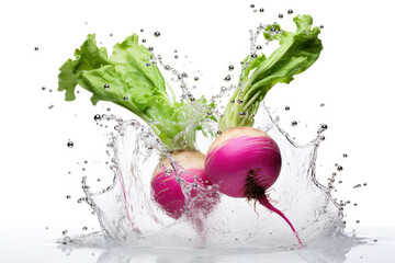 Wall Mural - Small fresh radish with water splash isolated on white background.