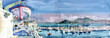 Watercolor painting of the seaside town. Ischia Italy. Wide web banner.	 Volcano Vesuvius on the horizon