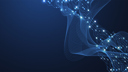Poster - Quantum technologies concept. Deep learning artificial intelligence. Circuit board texture background design. Big data algorithms visualization. Neural networks illustration.