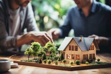 Sticker - House model is displayed on wooden meeting table with in the blurred background of real estate agent and client discuss terms and conditions of house loan or rental lease contract. Entity