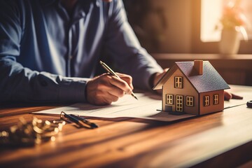 Canvas Print - House model is displayed on wooden meeting table with in the blurred background of real estate agent and client discuss terms and conditions of house loan or rental lease contract. Entity